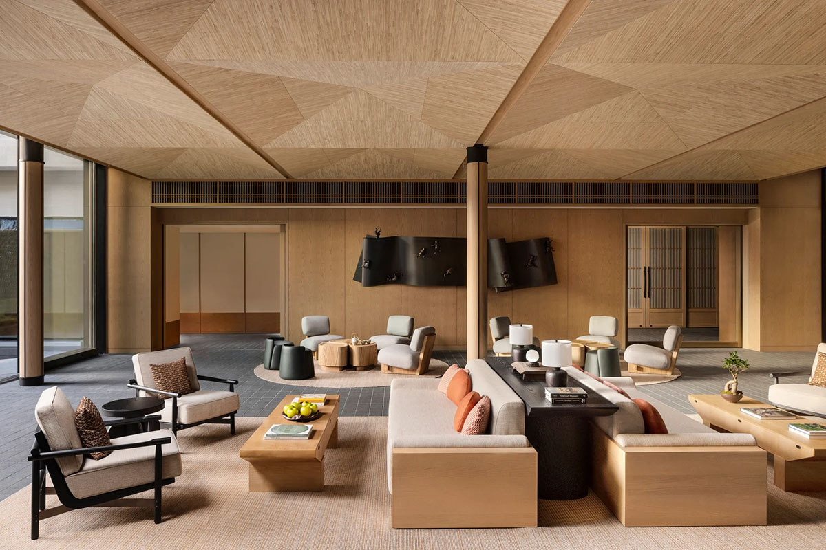 light filled hotel lobby with couches and chairs